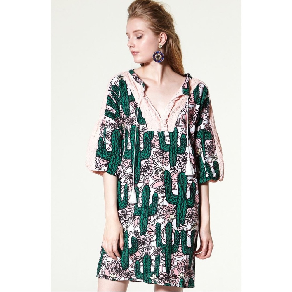 Storets Cactus Print Shift Dress Embroidered Eyelet Sleeve Tassel Tie Boho